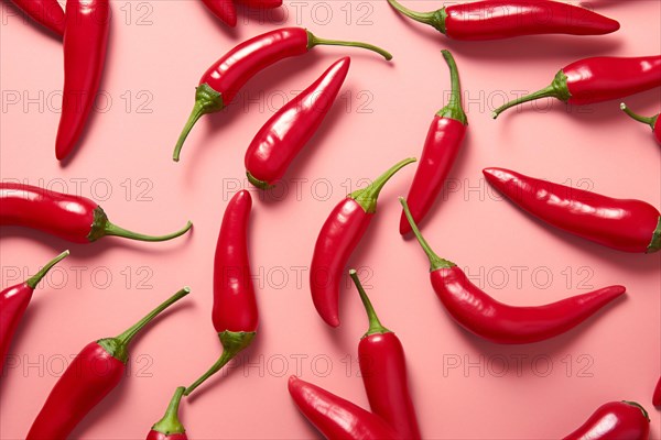 Top view of red chilli peppers on pink background. KI generiert, generiert, AI generated