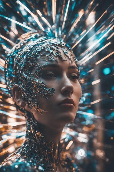 A woman with a radiant headdress glitters with an ethereal glow in this avant-garde portrait, ray tracing 3d sculpture, AI generated