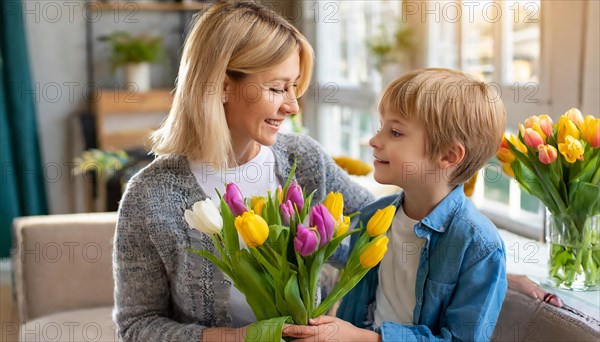 A mother and her son smile at each other while the boy gives her yellow and purple tulips, AI generated, AI generated