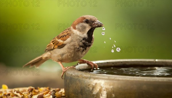 Animals, bird, sparrow, house sparrow, Passer domesticus, at a watering hole, drinking, AI generated