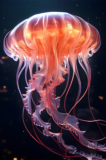 Deep sea jellyfish glowing with bioluminescence intricate patterns illuminating the dark sea, AI generated