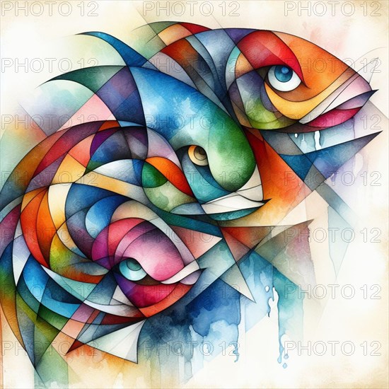 Abstract watercolor art of vibrant geometric fish, square aspect, pisces astrological sign card, AI generated