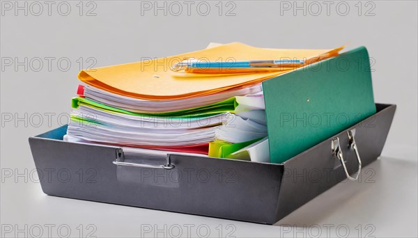 File folders and documents organised in an open metal box, bureaucracy symbol, AI generated, AI generated