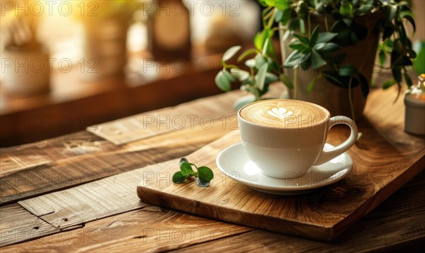 A cozy setting with a coffee cup on a wooden surface, morning light casting a warm glow AI generated