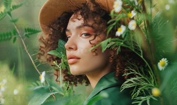 Curly-haired woman in green attire with a straw hat partially concealing her face in a natural setting AI generated