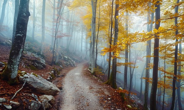 A woodland track curves through misty scenery, accentuated with soft light and fall colors AI generated