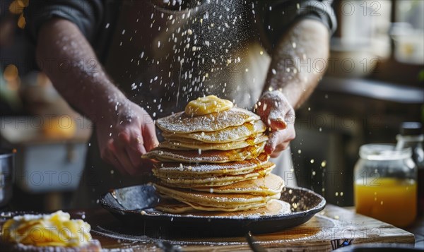 Chef sprinkling powdered sugar on a tall stack of pancakes, a dynamic cooking moment AI generated