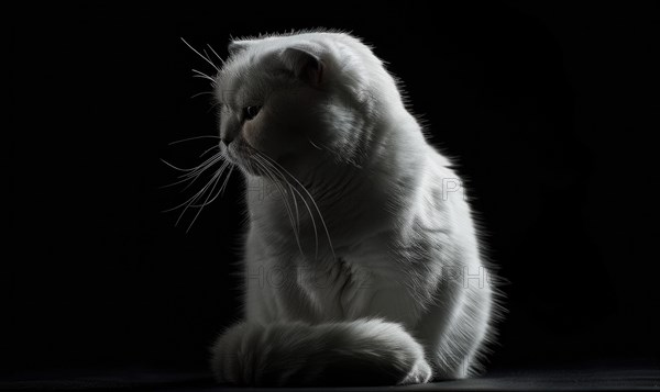 Silhouette of an elegant cat against a stark black background AI generated