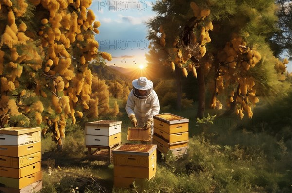 Beekeeper with honeycombs in hands in nature bee apiary, AI generated