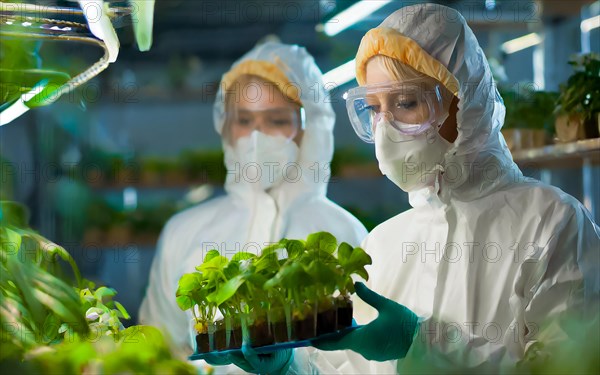 Biologists in protective suits grow vegetables in the lab, the concept of biotechnology, plant care and protection against diseases, organic food production, AI generated, AI generated