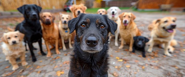 A group of stray dogs of various breeds sitting outdoors, with one in sharp focus, AI generated