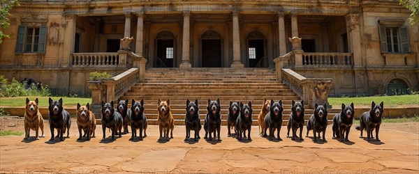 Row of dogs lined up symmetrically on the stairs of a historic abbandoned building, AI generated