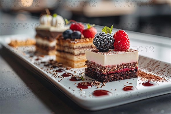 A delectable layered dessert with fresh berries and chocolate garnish, AI generated