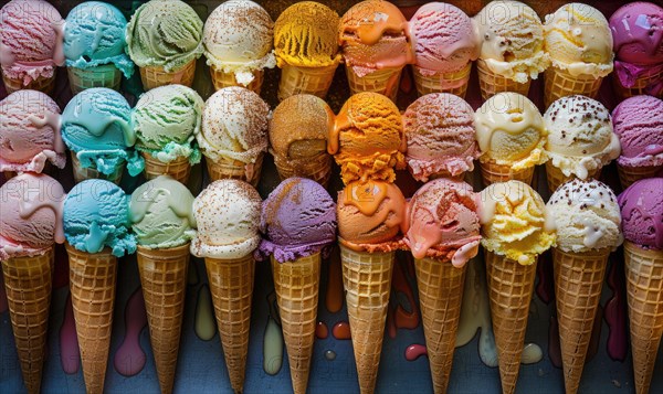 Colorful assortment of ice cream cones on the shop showcase. Colorful ice cream background AI generated