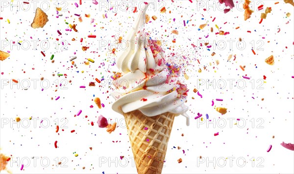 Ice cream cone explosion on white background AI generated