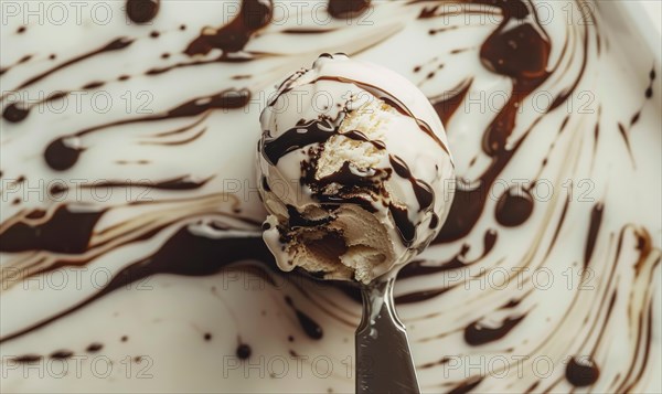 Ice cream scoop with chocolate syrup swirls closeup view AI generated