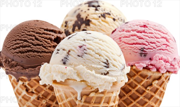 Neapolitan ice cream cones on white background AI generated