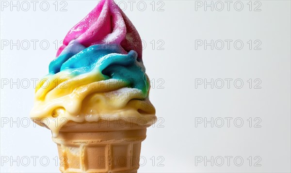 Rainbow-colored ice cream cone on white background AI generated