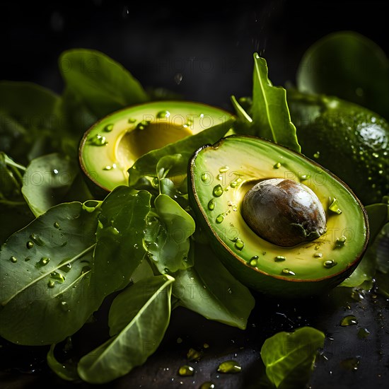 Avocado slices fanned out on a bed of mixed greens, AI generated