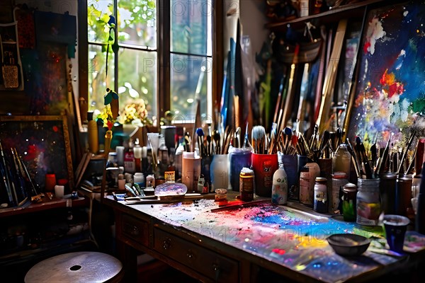 Artists studio cluttered with an array of painting tools paint splatters adorning the walls, AI generated