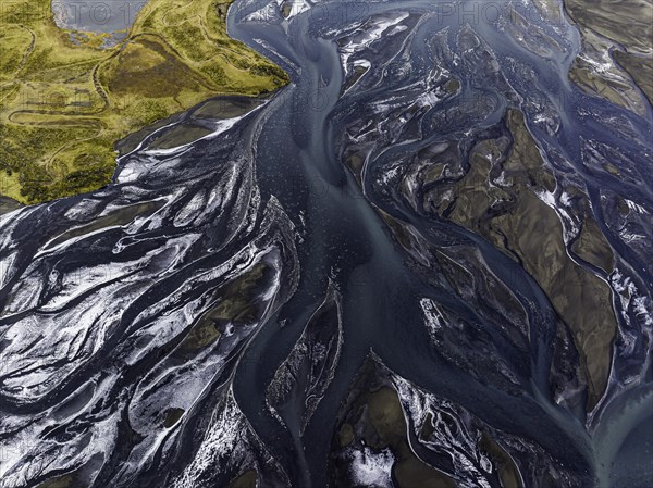 Overgrown river landscape, Eldhraun, near Kirkjubaejarklaustur, drone image, Sudurland, Iceland, Europe