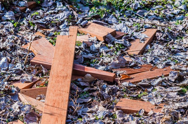 Broken wooden laths form a cross on the ground covered with dead leaves, in South Korea