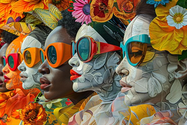 Stylized portrayal of women in sunglasses with a vibrant, floral, and fashionable flair, illustration, AI generated