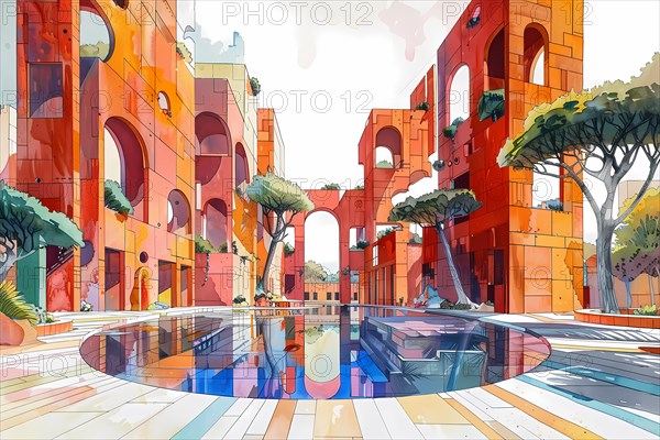 Watercolor depiction of a modern urban plaza with arches and reflective water features in a warm palette, AI generated