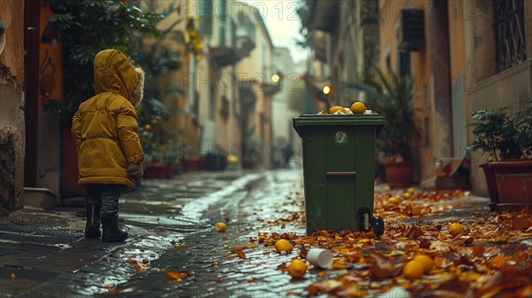 Child in a yellow jacket standing in a cobbled street with scattered oranges and leaves, waste separation, reduction and recycling concept, AI generated