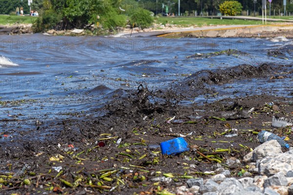 Waste and polluted water, symbolic image of environmental pollution, Rio de la Plata, Buenos Aires, Argentina, South America