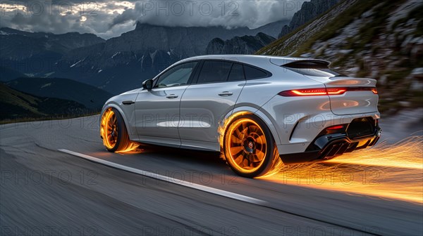 A white performance electric german design car speeding along a mountain road, tires creating sparks effect, AI generated