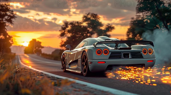 Dynamic image of a sports car emitting sparks on a road at sunset, low ultra wide angle, AI generated