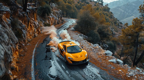 Yellow sports car drifting on a mountain road with autumn scenery, drone aerial view, AI generated