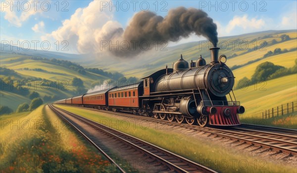 Old-fashioned steam train journeying across countryside landscapes, leaving a trail of smoke, ai generated, AI generated