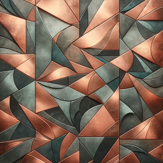 Metallic geometric pattern with abstract triangles in copper and silver, AI generated