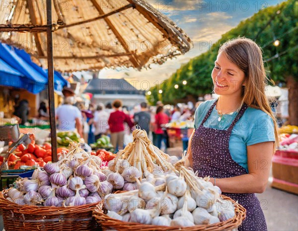 Food, spices, garlic, Allium sativum, many bulbs on a market stall, woman as saleswoman in Italy, AI generated, AI generated