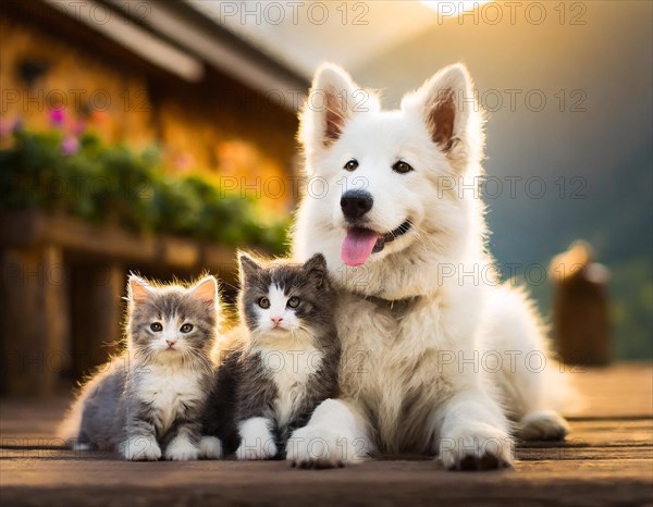 Dog, puppies of a white shepherd dog playing with two young white cats, AI generated, AI generated