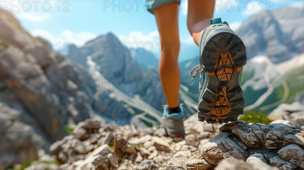 Looking down at blue hiking boots on a rocky mountain trail with a mountain in the background, AI generated