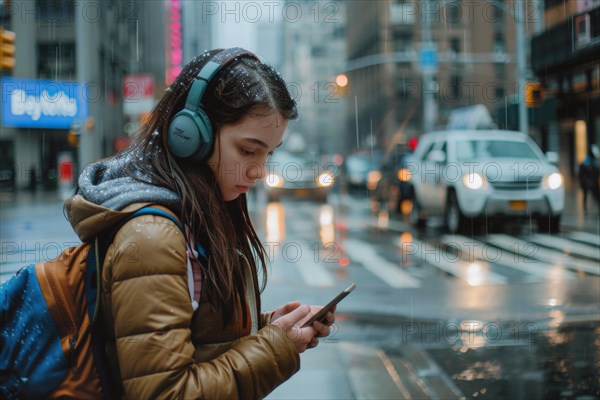 Schoolgirl with headphones looking at her smartphone on a busy street in a city, symbolic image for accident risk due to media distraction in road traffic, AI generated, AI generated, AI generated