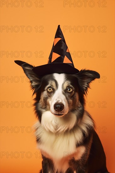 Dog wearing Halloween costume witch hat on orange stduio background. KI generiert, generiert, AI generated