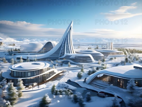 Concept for arctic city designed for sustainability featuring geothermal heating, AI generated