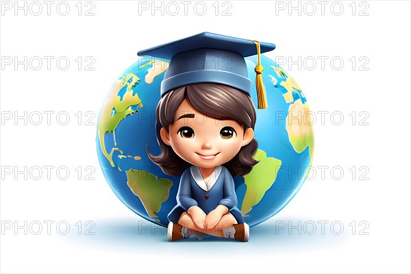 3d vector of a kid gir sitting on a globe and graduation uniform, AI generated