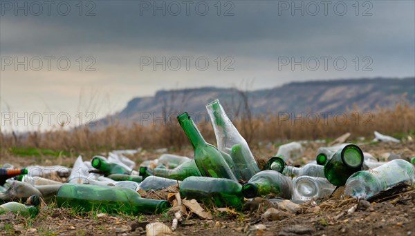 Empty glass bottles lie in the landscape, some broken, environmental pollution, AI generated, AI generated