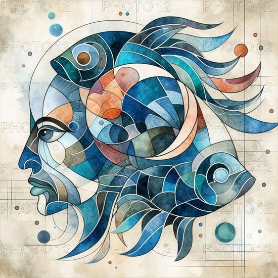 Abstract watercolor of a woman's profile intertwined with fish and geometric shapes, square aspect, AI generated