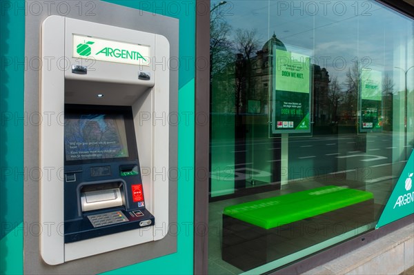 Outdoor ATM cash dispenser, cashpoint of Argenta bank office in Flanders, Belgium, Europe