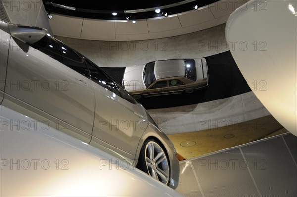 Museum, Mercedes-Benz Museum, Stuttgart, The dynamically reflective surface of a silver Mercedes-Benz car, Mercedes-Benz Museum, Stuttgart, Baden-Wuerttemberg, Germany, Europe