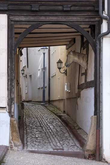 Narrow alley with cobblestones in the historic old town, Schlossgasse, passage through a half-timbered house with a sculpture of a horse's head, Falada from the fairy tale The Goose Girl, Gotha, Thuringia, Germany, Europe