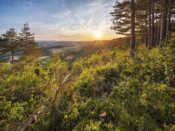 View from the shell limestone slopes near Bad Blankenburg of typical hilly landscape with forests and fields at sunset, Bad Blankenburg, Thuringia, Germany, Europe