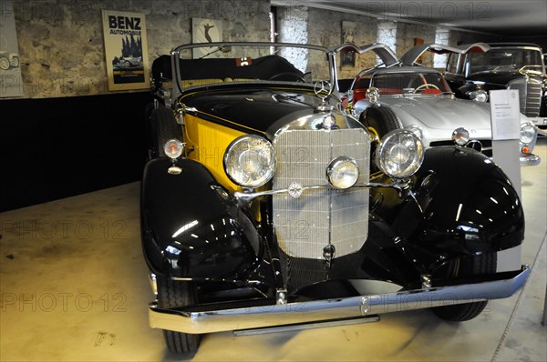 Deutsches Automuseum Langenburg, Yellow-black Mercedes-Benz Cabriolet on display in a classic car museum, Deutsches Automuseum Langenburg, Langenburg, Baden-Wuerttemberg, Germany, Europe