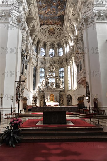 St Stephan's Cathedral, Passau, Impressive baroque church interior with high columns and detailed frescoes, Passau, Bavaria, Germany, Europe